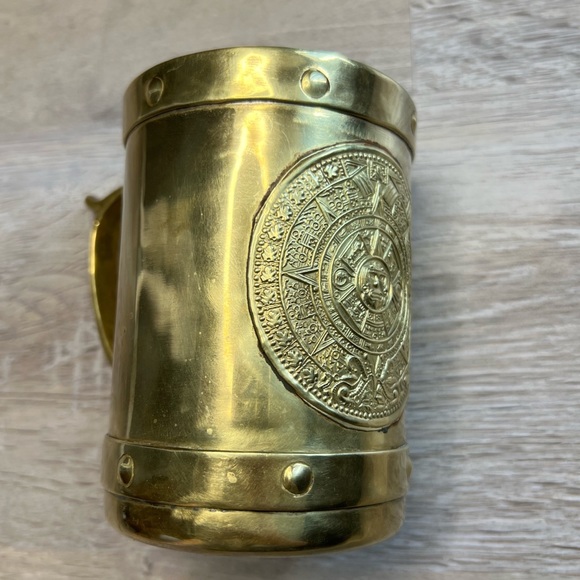 vintage brass Aztec calendar mug - Picture 3 of 11